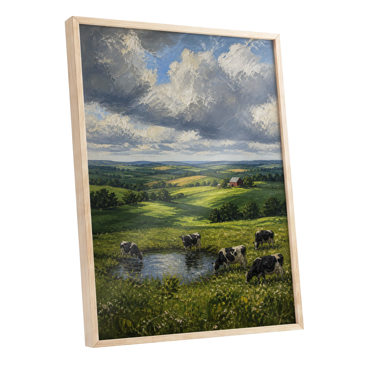 Pastures Before the Storm, green, gray, blue nature wall art shown as a oak framed poster wall art print