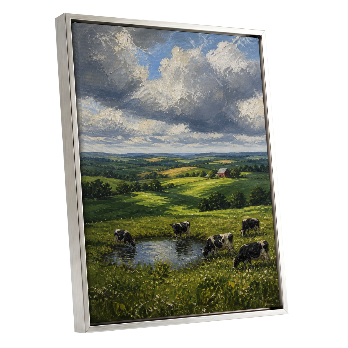 Pastures Before the Storm, green, gray, blue nature wall art shown as a silver framed canvas wall art