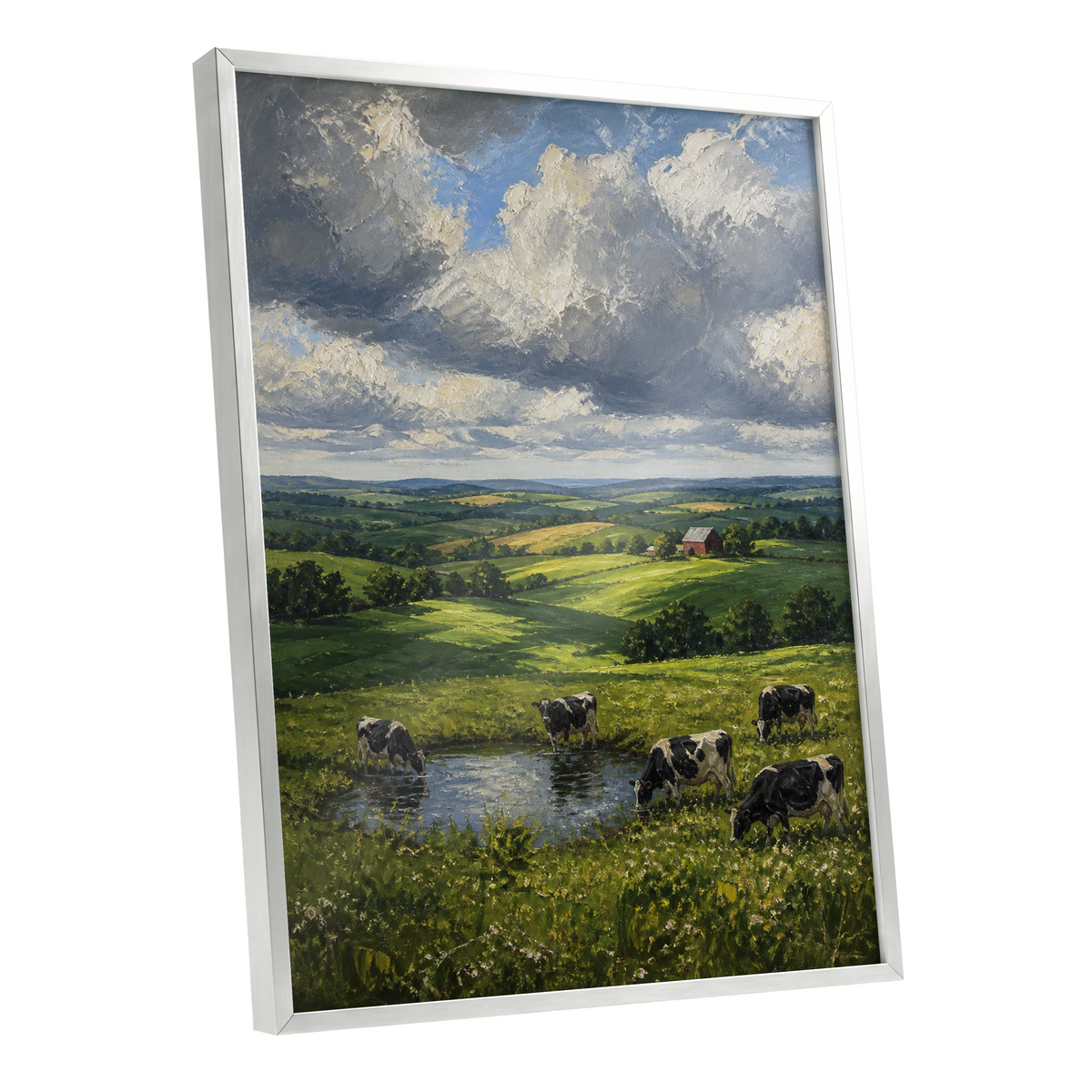 Pastures Before the Storm, green, gray, blue nature wall art shown as a silver framed poster wall art print