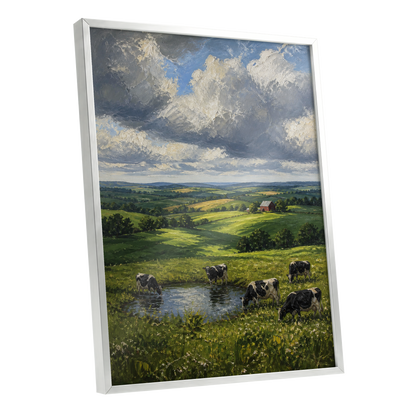 Pastures Before the Storm, green, gray, blue nature wall art shown as a silver framed poster wall art print