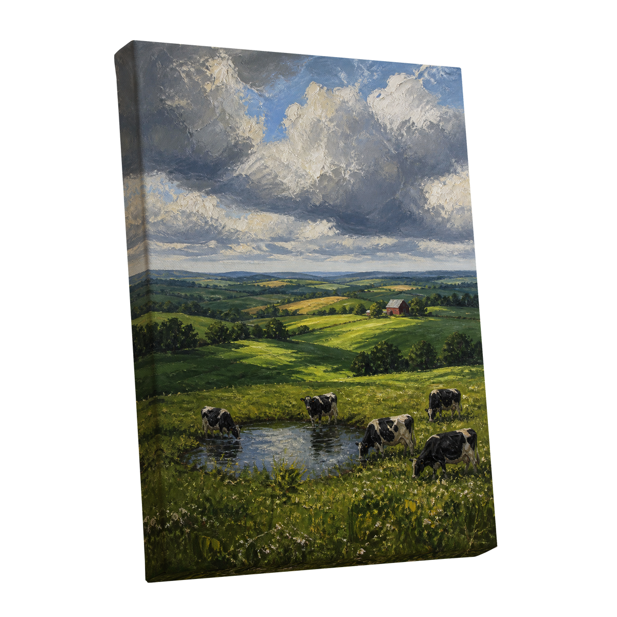 Pastures Before the Storm, green, gray, blue nature wall art shown as a stretched canvas wall art