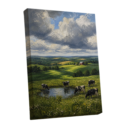 Pastures Before the Storm, green, gray, blue nature wall art shown as a stretched canvas wall art