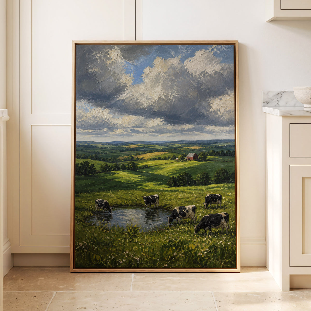 Pastures Before the Storm, green, gray, blue nature wall art displayed in a styled interior, gallery view 1
