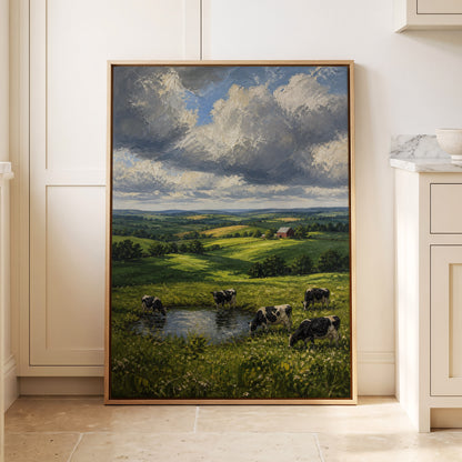 Pastures Before the Storm, green, gray, blue nature wall art displayed in a styled interior, gallery view 1