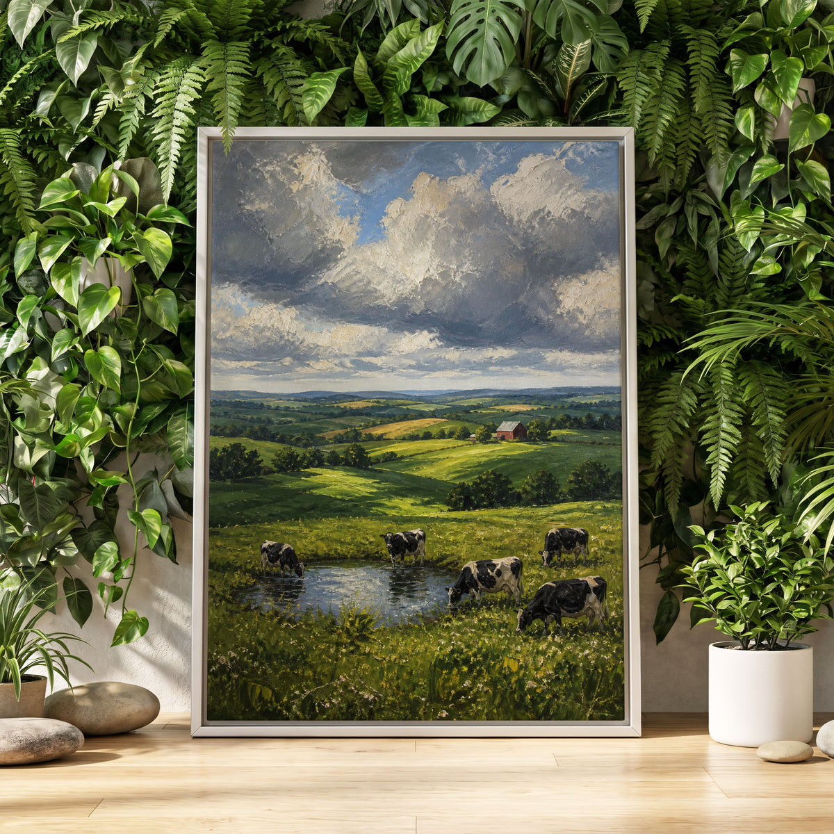 Pastures Before the Storm, green, gray, blue nature wall art displayed in a styled interior, gallery view 2