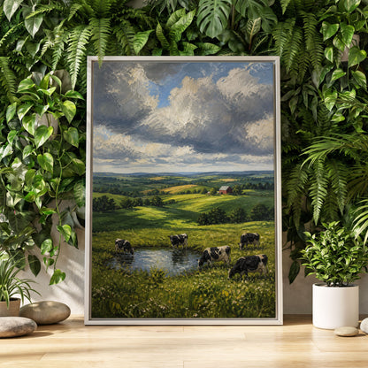 Pastures Before the Storm, green, gray, blue nature wall art displayed in a styled interior, gallery view 2