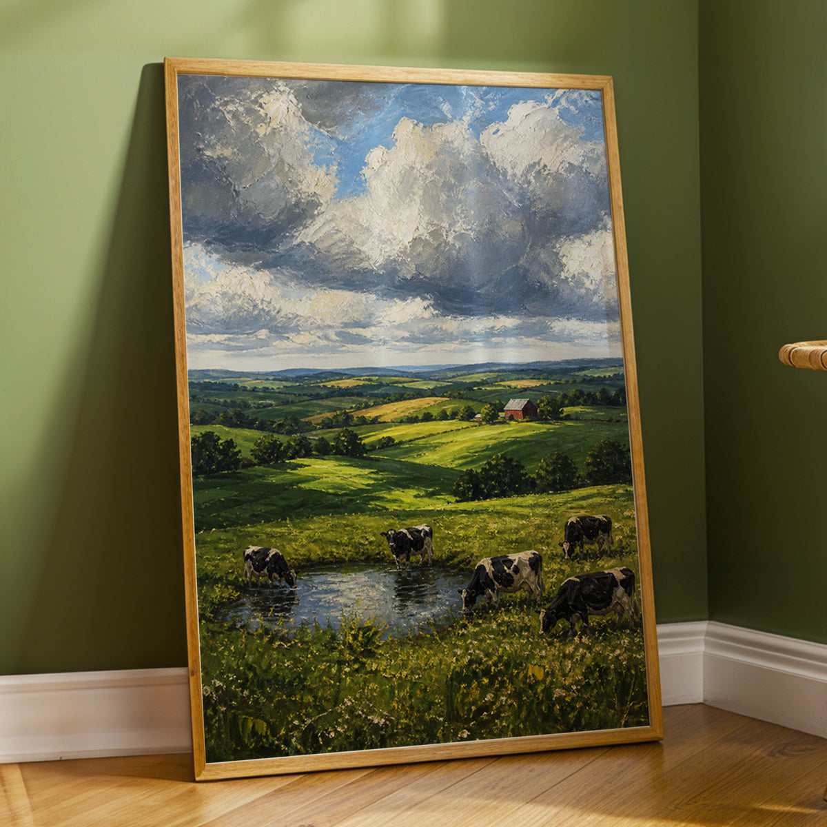 Pastures Before the Storm, green, gray, blue nature wall art displayed in a styled interior, gallery view 3