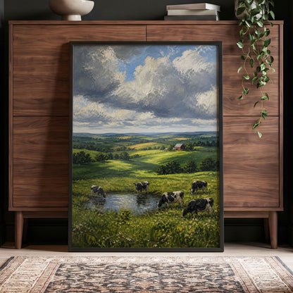 Pastures Before the Storm, green, gray, blue nature wall art displayed in a styled interior, gallery view 5