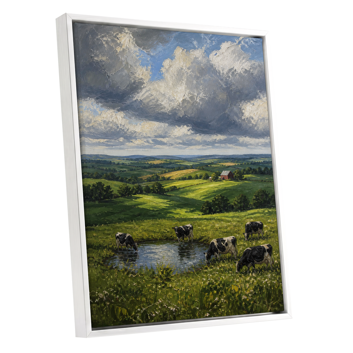 Pastures Before the Storm, green, gray, blue nature wall art shown as a white framed canvas wall art