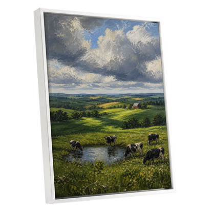 Pastures Before the Storm, green, gray, blue nature wall art shown as a white framed canvas wall art