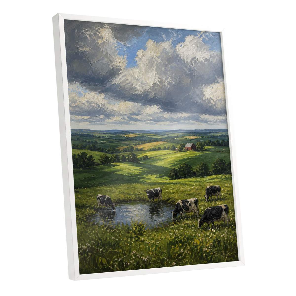 Pastures Before the Storm, green, gray, blue nature wall art shown as a white framed poster wall art print