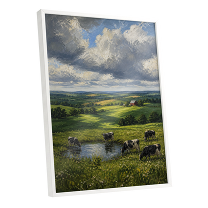 Pastures Before the Storm, green, gray, blue nature wall art shown as a white framed poster wall art print