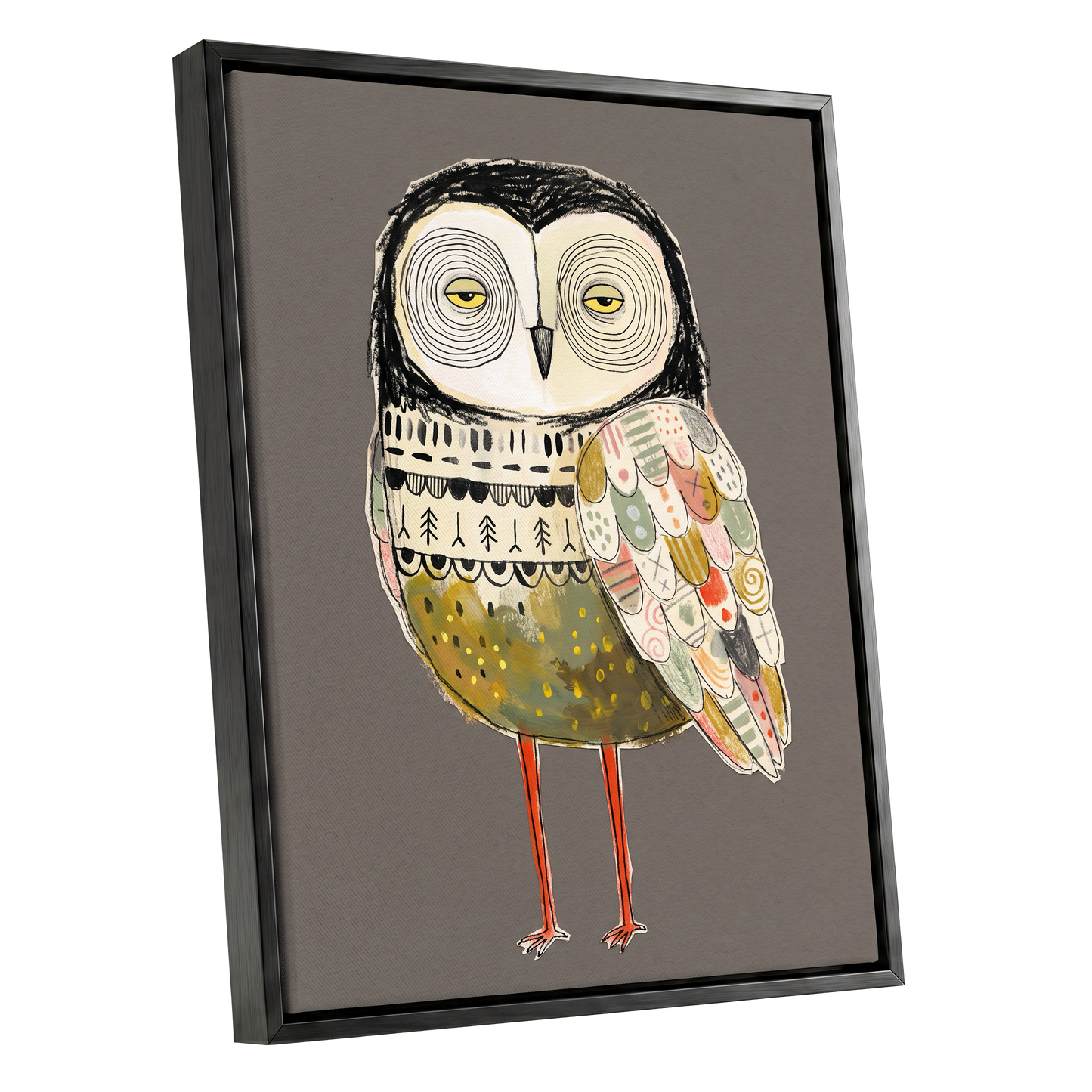 Patchwork Night Owl, gray, black, beige nature wall art shown as a black framed canvas wall art