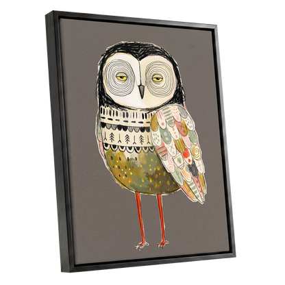 Patchwork Night Owl, gray, black, beige nature wall art shown as a black framed canvas wall art