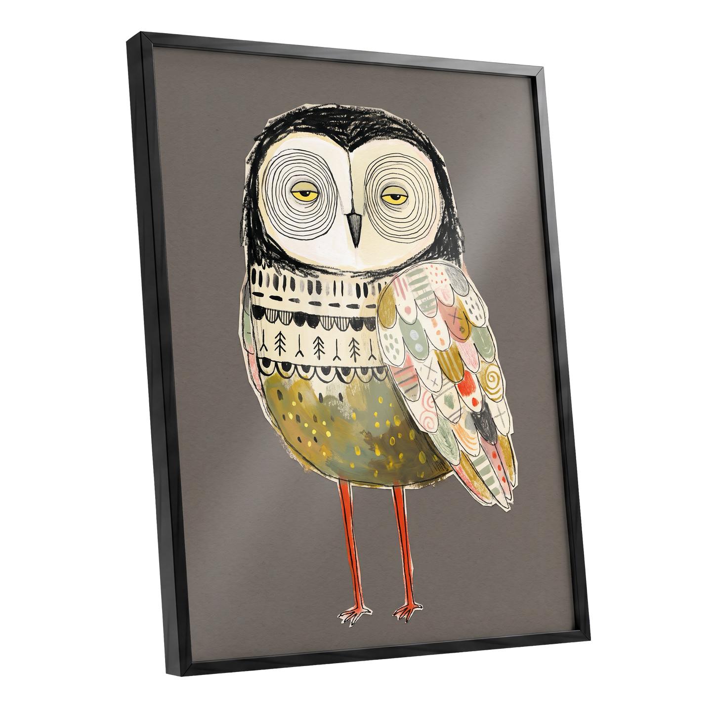 Patchwork Night Owl, gray, black, beige nature wall art shown as a black framed poster wall art print