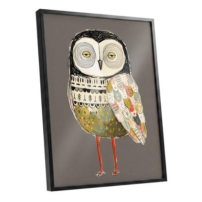Patchwork Night Owl, gray, black, beige nature wall art shown as a black framed poster wall art print