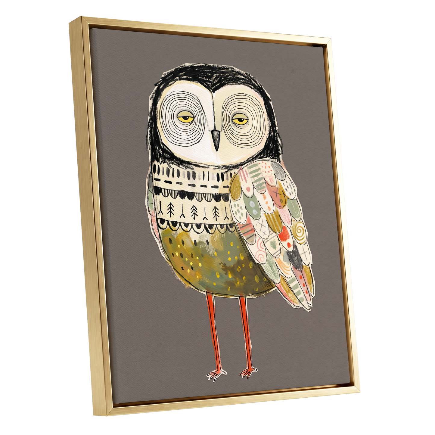 Patchwork Night Owl, gray, black, beige nature wall art shown as a gold framed canvas wall art