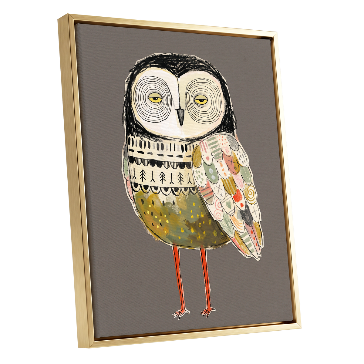 Patchwork Night Owl, gray, black, beige nature wall art shown as a gold framed canvas wall art
