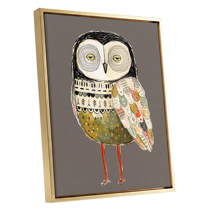 Patchwork Night Owl, gray, black, beige nature wall art shown as a gold framed canvas wall art