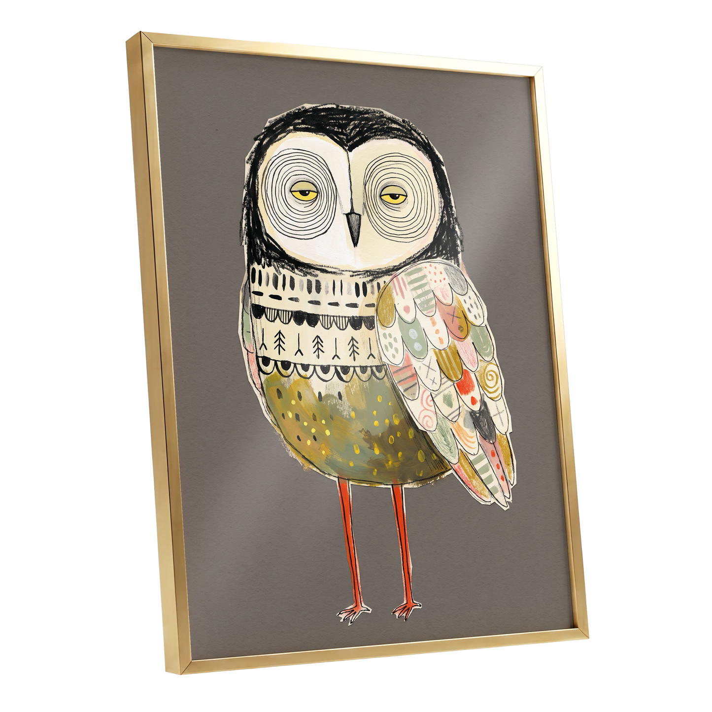 Patchwork Night Owl, gray, black, beige nature wall art shown as a gold framed poster wall art print