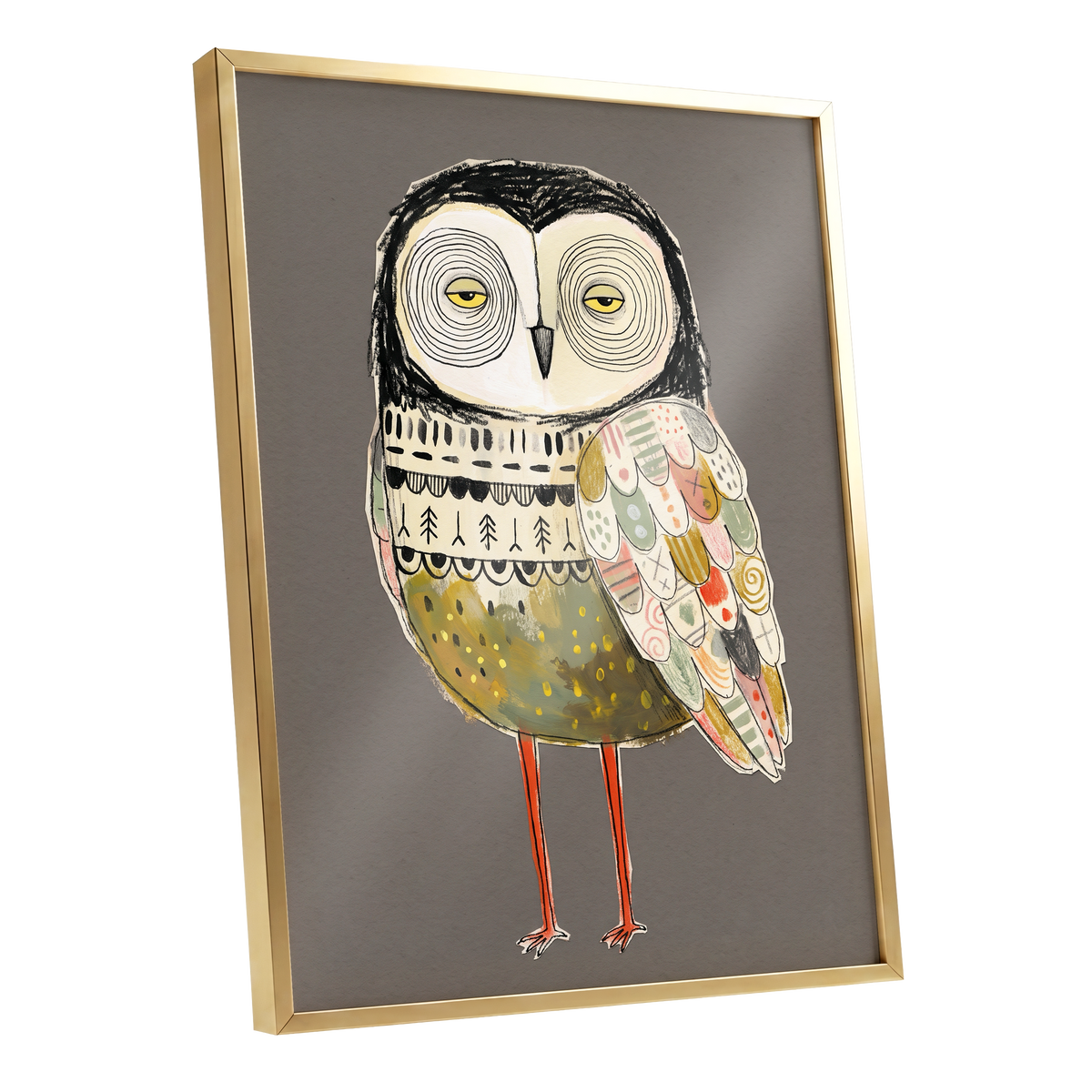 Patchwork Night Owl, gray, black, beige nature wall art shown as a gold framed poster wall art print
