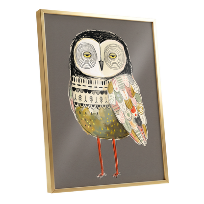 Patchwork Night Owl, gray, black, beige nature wall art shown as a gold framed poster wall art print