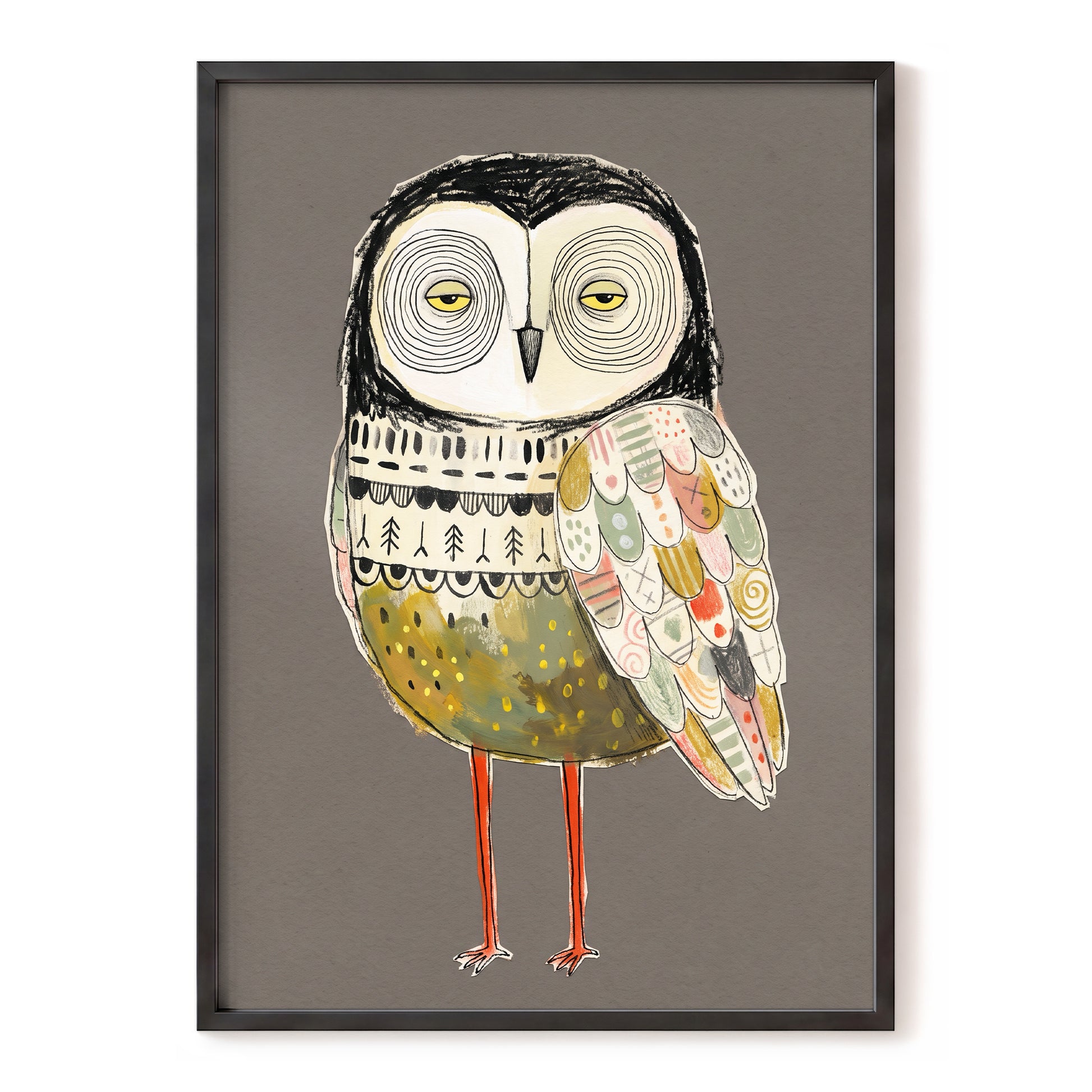 Patchwork Night Owl, gray, black, beige nature wall art, front artwork view
