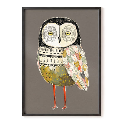 Patchwork Night Owl, gray, black, beige nature wall art, front artwork view