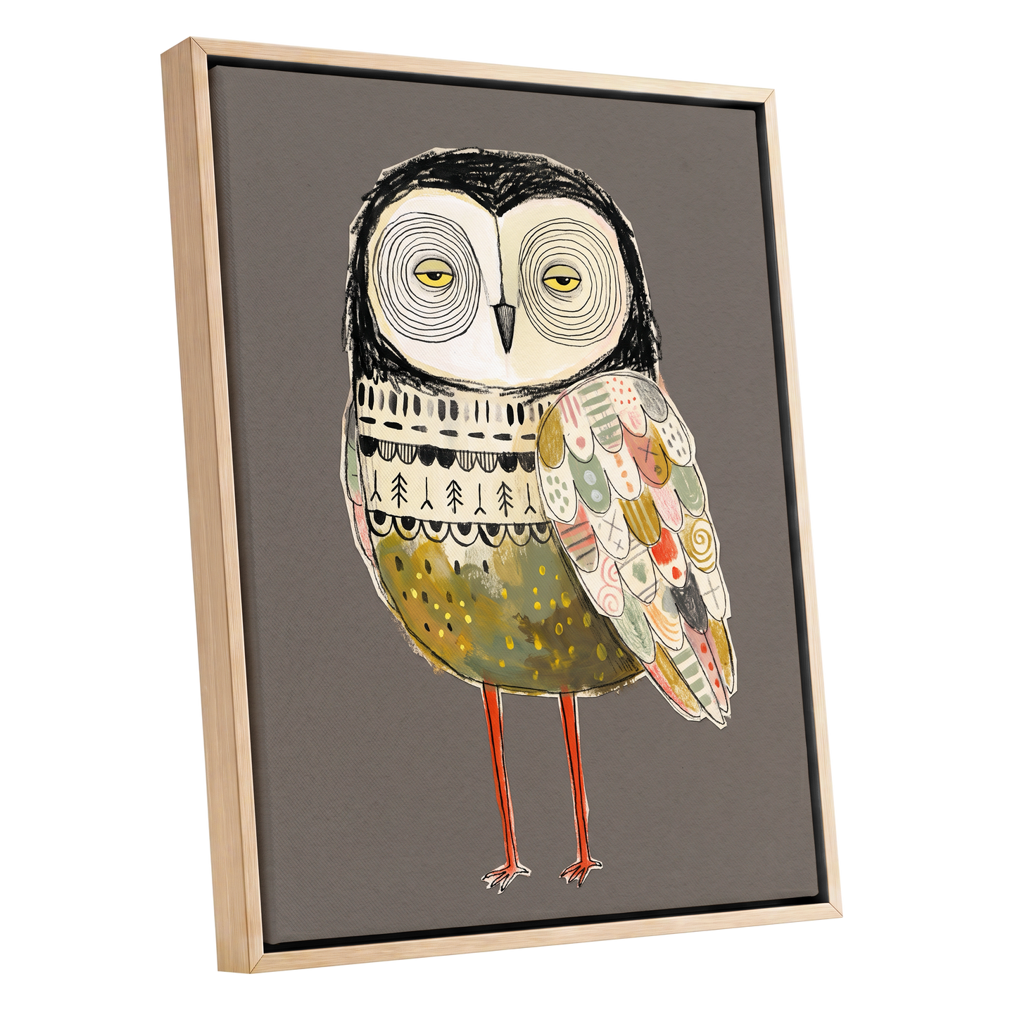 Patchwork Night Owl, gray, black, beige nature wall art shown as a oak framed canvas wall art