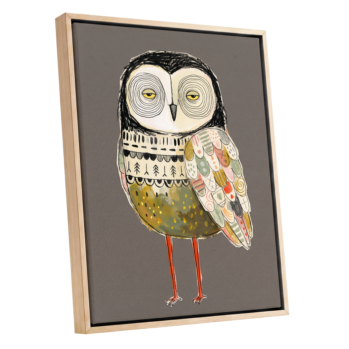 Patchwork Night Owl, gray, black, beige nature wall art shown as a oak framed canvas wall art