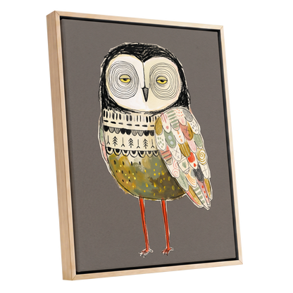Patchwork Night Owl, gray, black, beige nature wall art shown as a oak framed canvas wall art