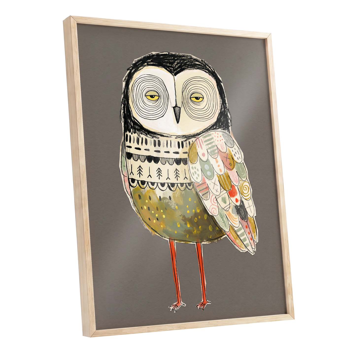 Patchwork Night Owl, gray, black, beige nature wall art shown as a oak framed poster wall art print