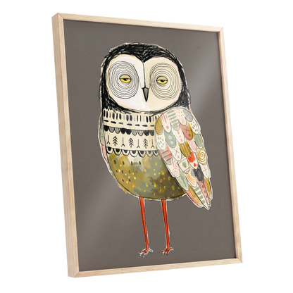 Patchwork Night Owl, gray, black, beige nature wall art shown as a oak framed poster wall art print