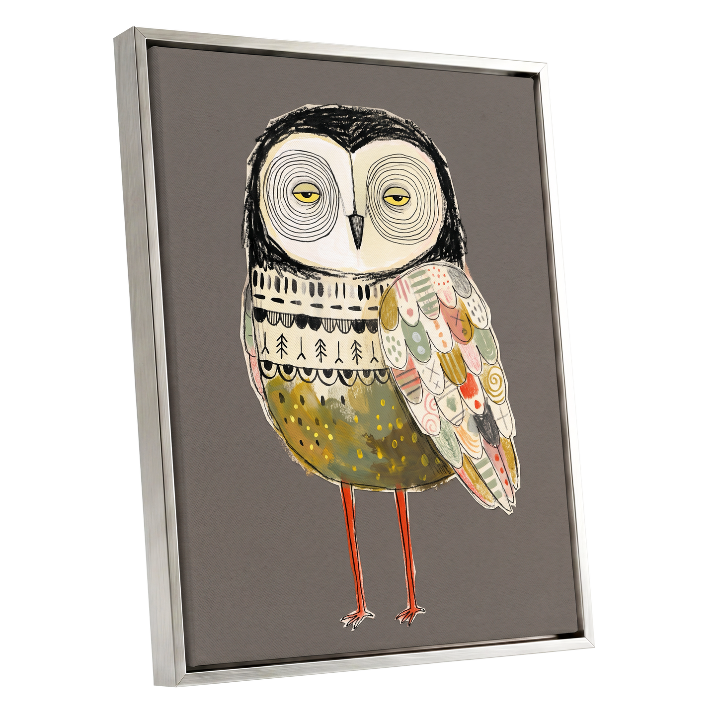 Patchwork Night Owl, gray, black, beige nature wall art shown as a silver framed canvas wall art