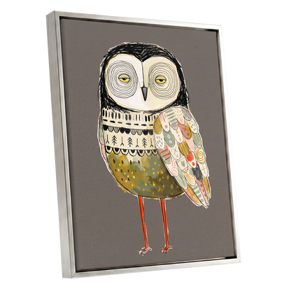 Patchwork Night Owl, gray, black, beige nature wall art shown as a silver framed canvas wall art