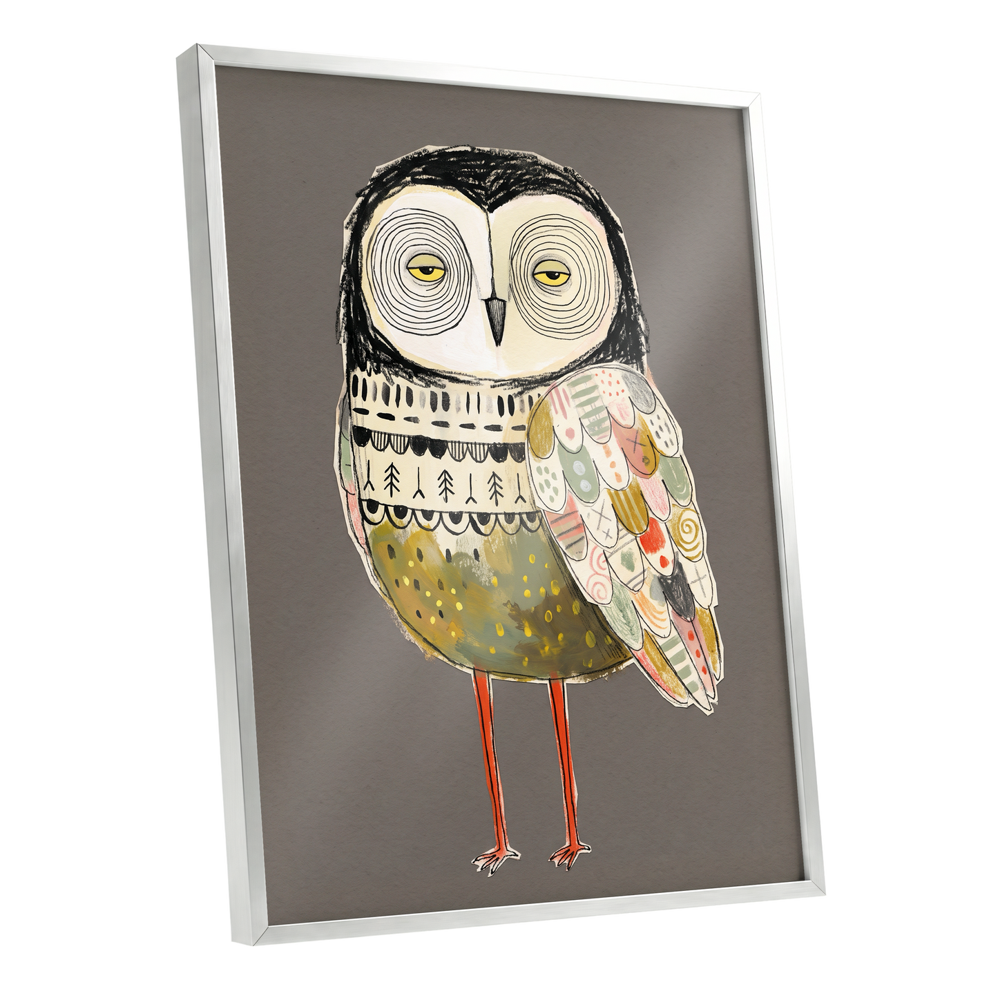 Patchwork Night Owl, gray, black, beige nature wall art shown as a silver framed poster wall art print
