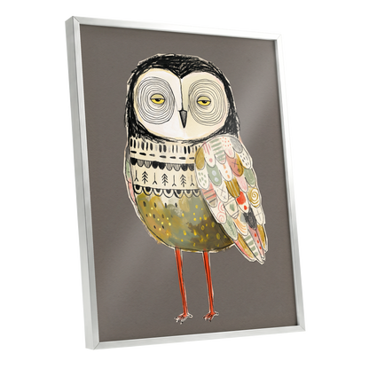 Patchwork Night Owl, gray, black, beige nature wall art shown as a silver framed poster wall art print