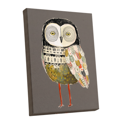 Patchwork Night Owl, gray, black, beige nature wall art shown as a stretched canvas wall art