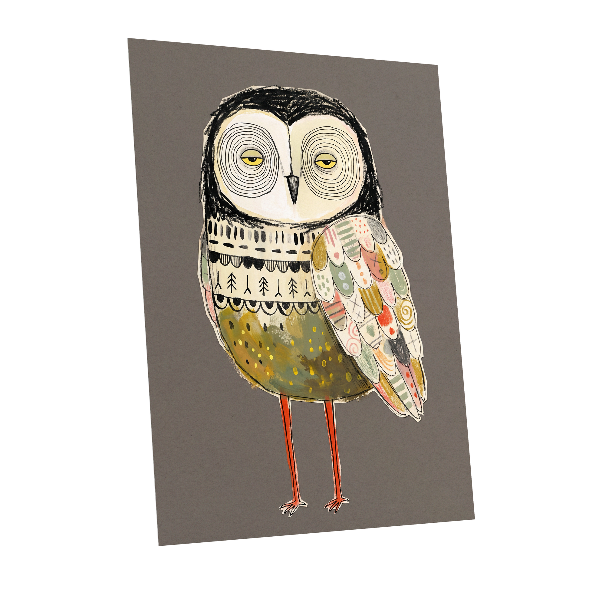 Patchwork Night Owl, gray, black, beige nature wall art shown as a unframed poster wall art print