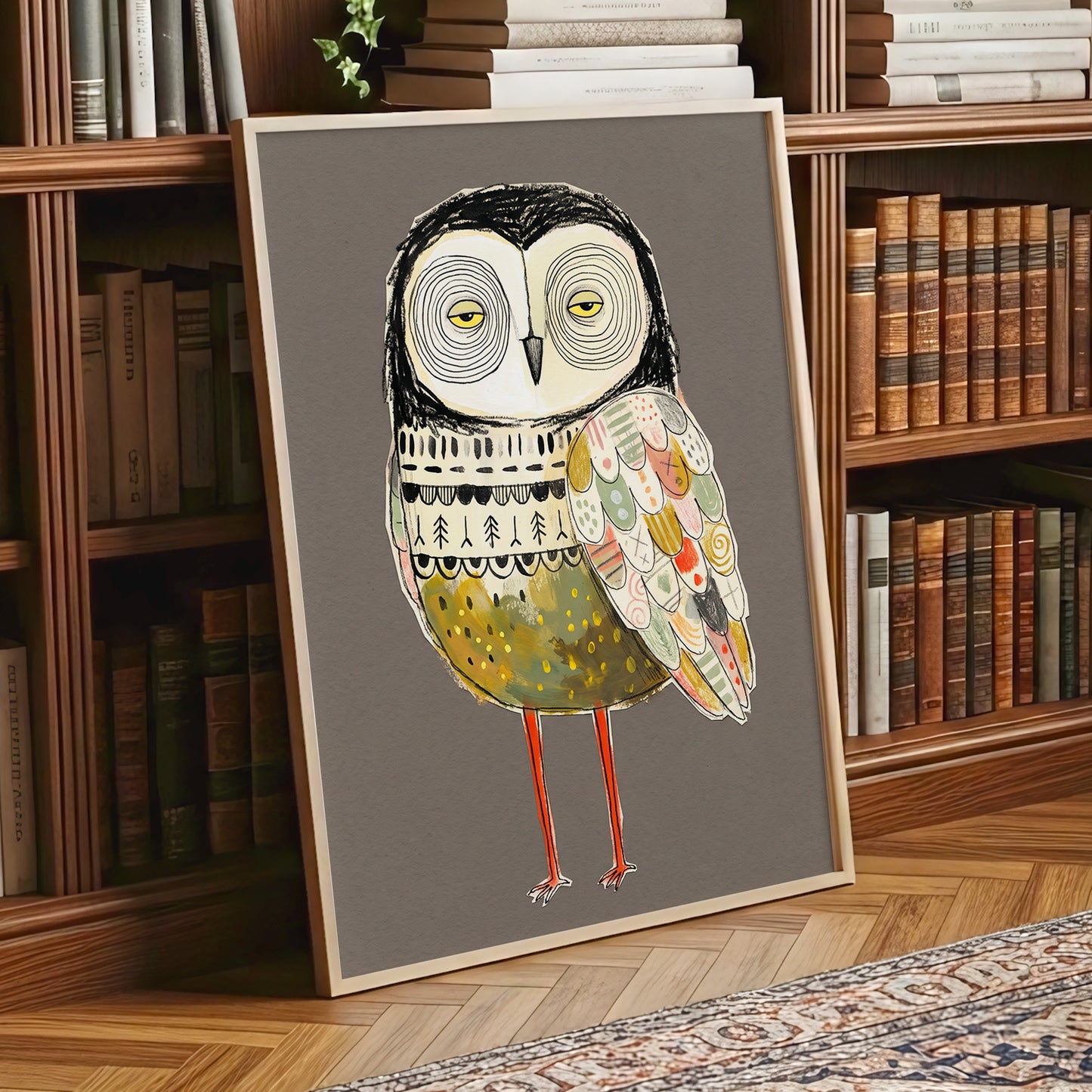 Patchwork Night Owl, gray, black, beige nature wall art displayed in a styled interior, gallery view 2