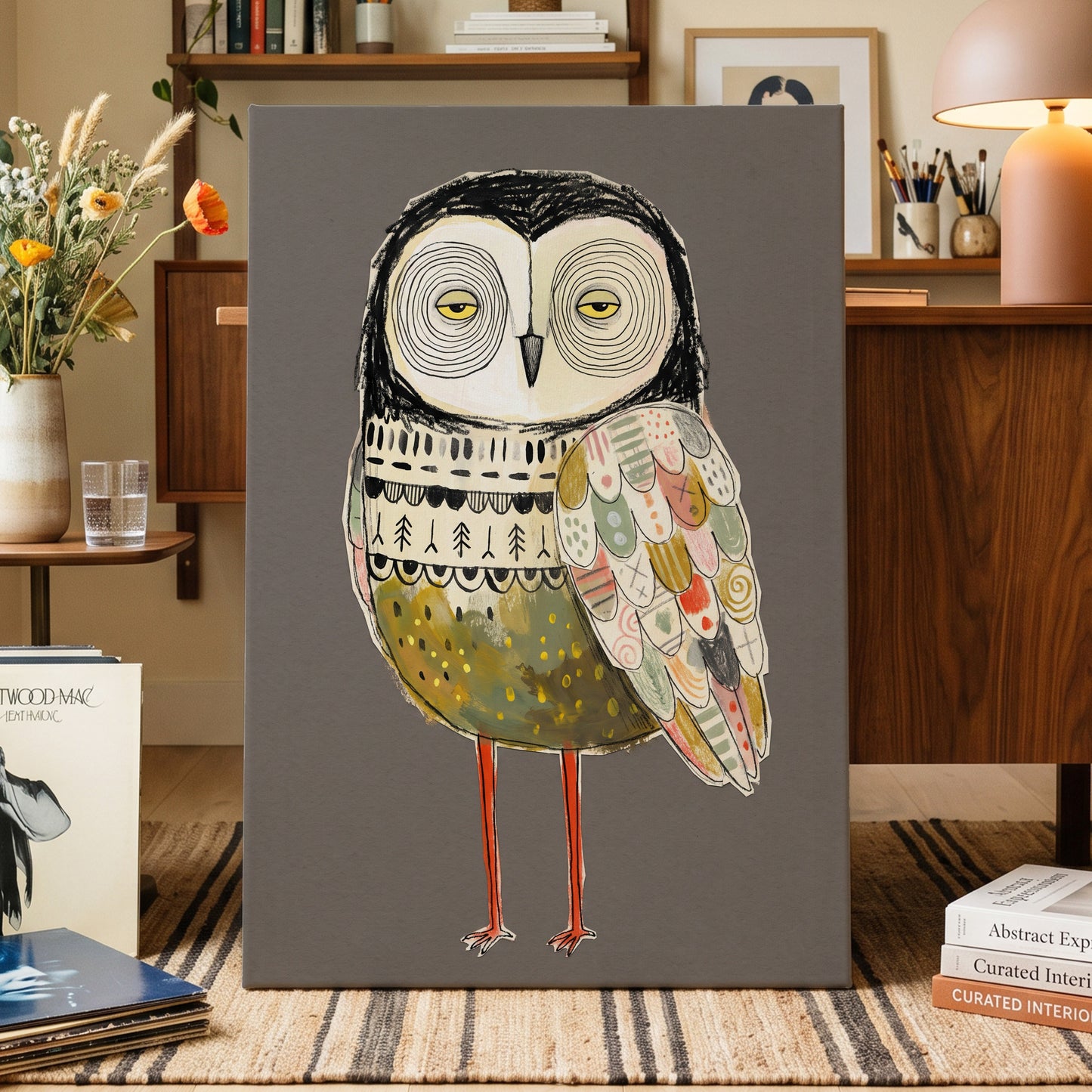Patchwork Night Owl, gray, black, beige nature wall art displayed in a styled interior, gallery view 3