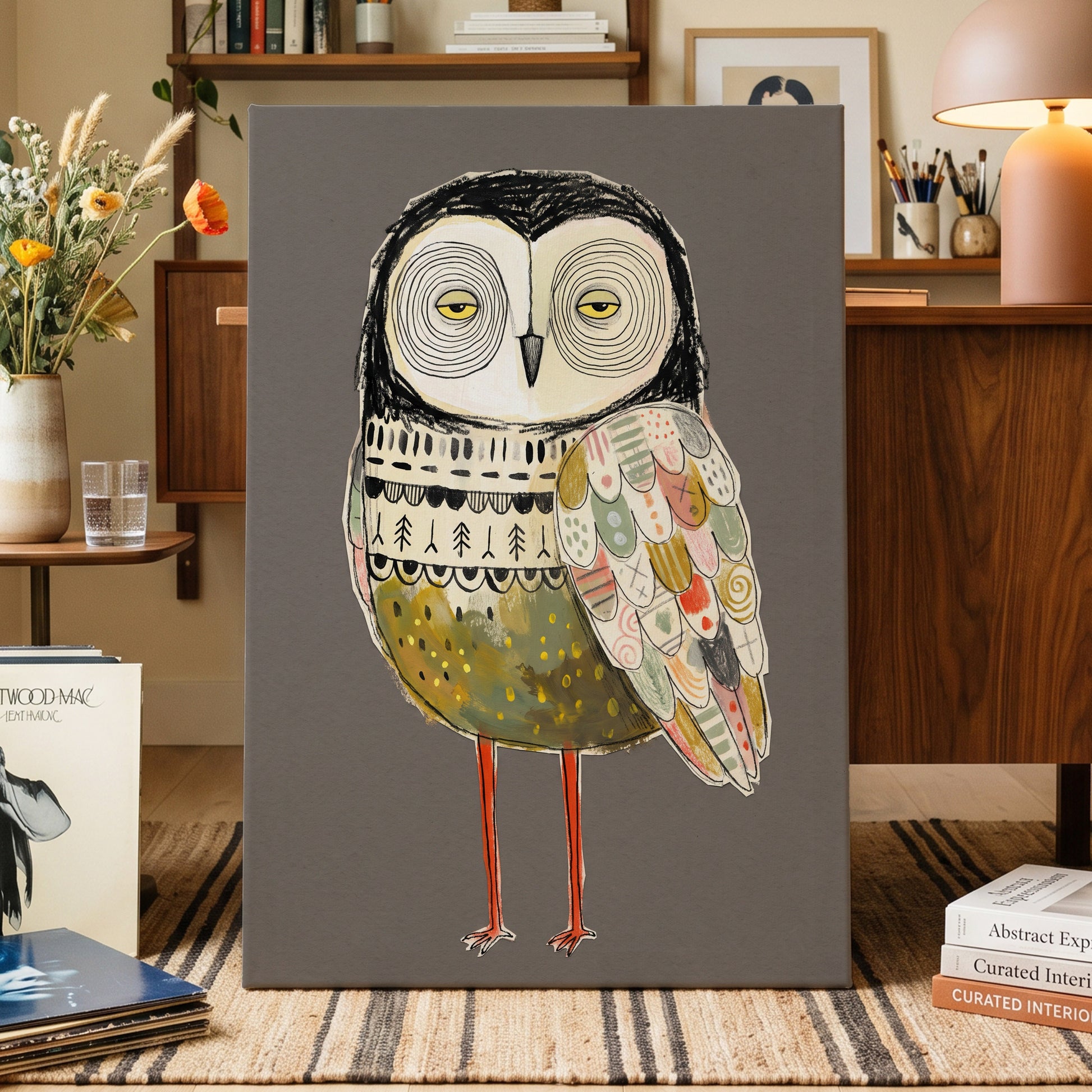 Patchwork Night Owl, gray, black, beige nature wall art displayed in a styled interior, gallery view 3