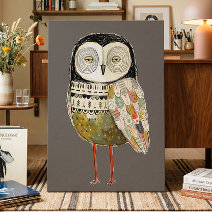 Patchwork Night Owl, gray, black, beige nature wall art displayed in a styled interior, gallery view 3
