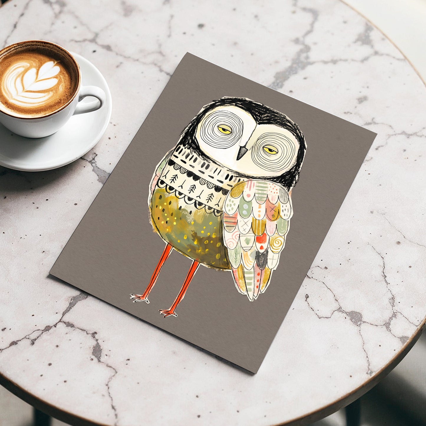 Patchwork Night Owl, gray, black, beige nature wall art displayed in a styled interior, gallery view 5
