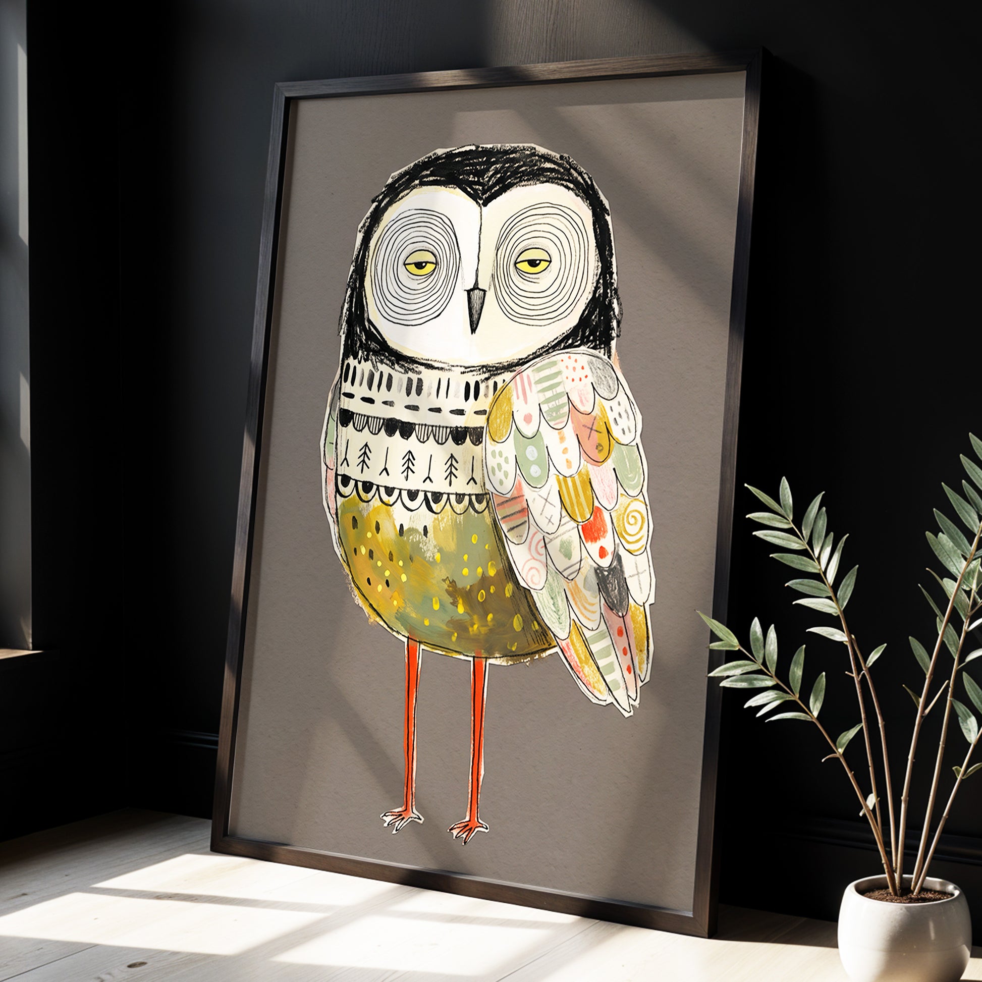 Patchwork Night Owl, gray, black, beige nature wall art displayed in a styled interior, gallery view 6