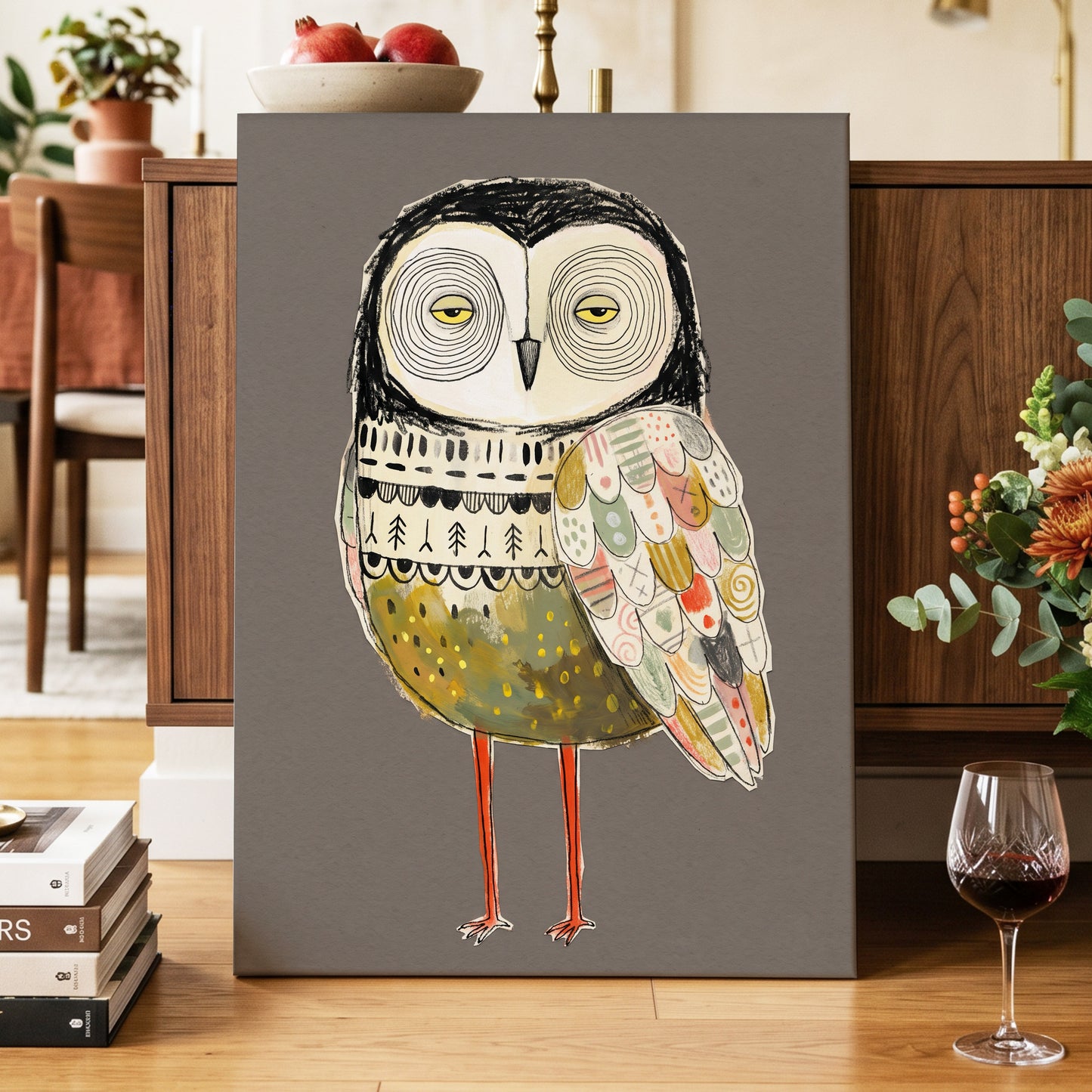 Patchwork Night Owl, gray, black, beige nature wall art displayed in a styled interior, gallery view 7