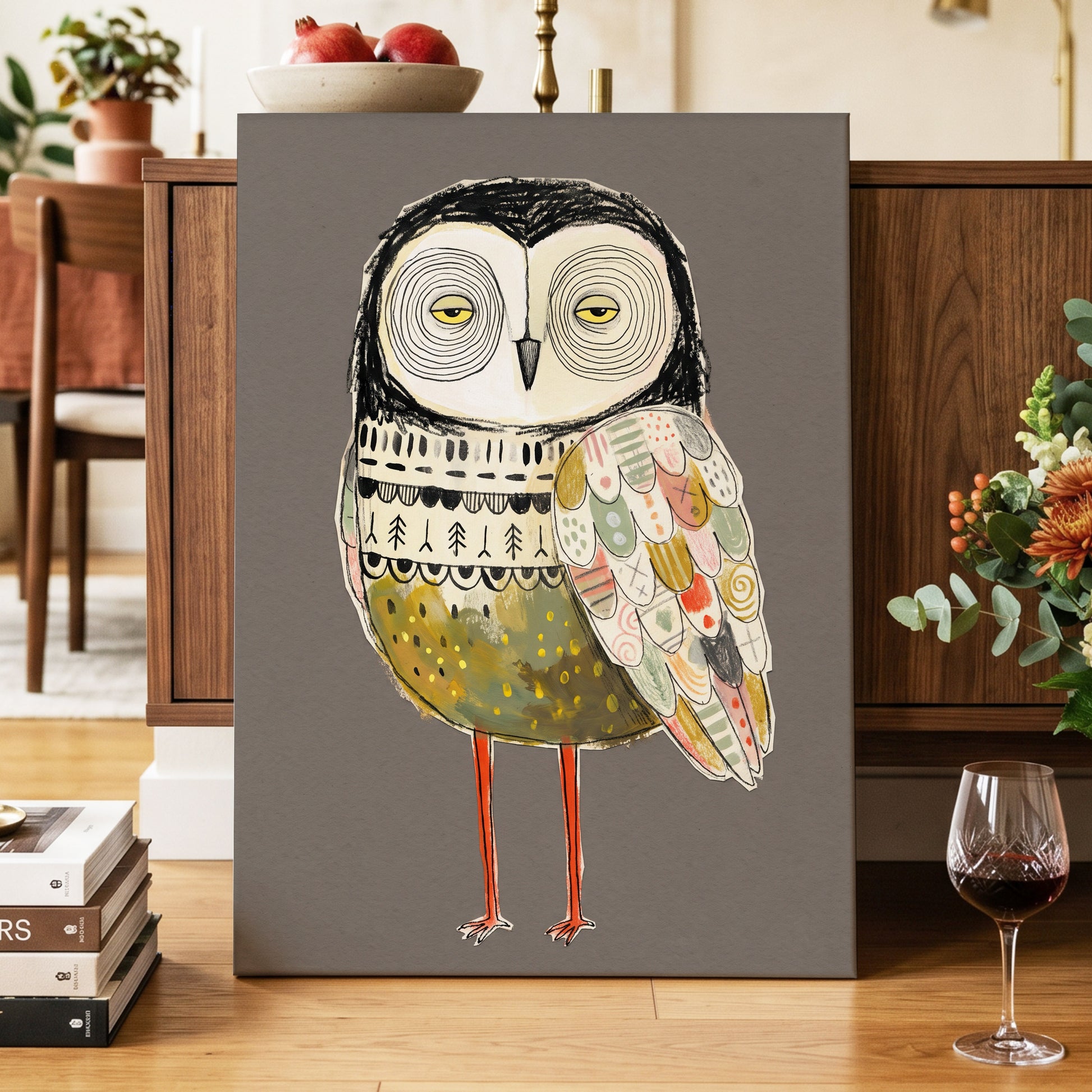 Patchwork Night Owl, gray, black, beige nature wall art displayed in a styled interior, gallery view 7