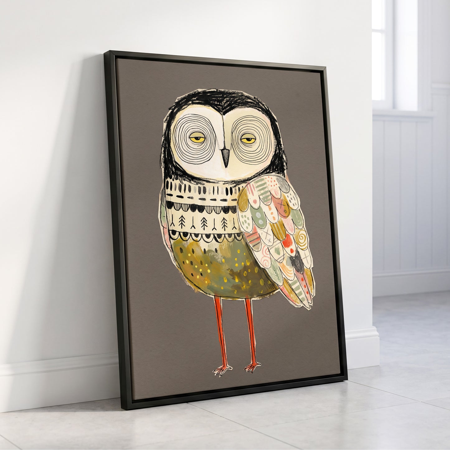 Patchwork Night Owl, gray, black, beige nature wall art displayed in a styled interior, gallery view 8