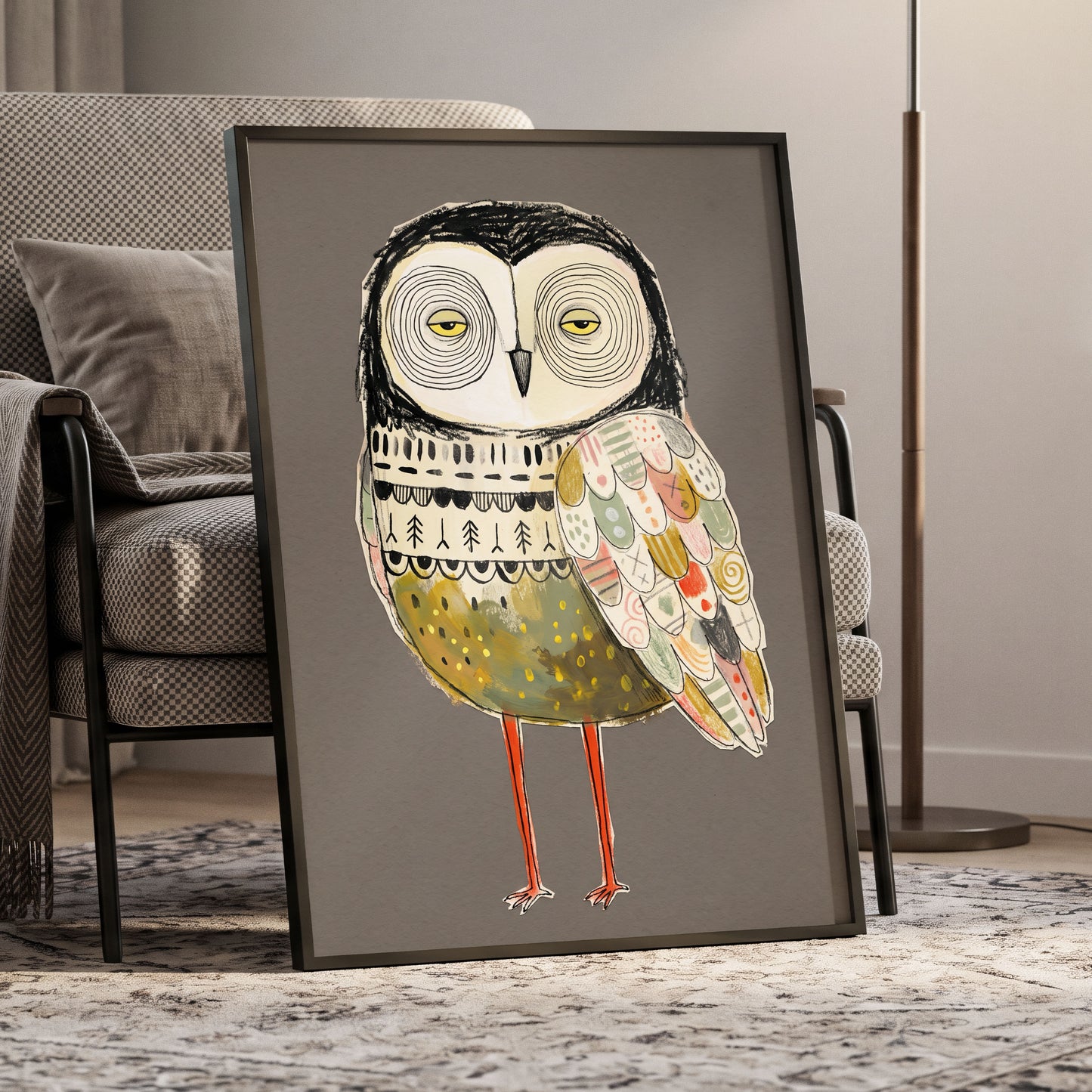 Patchwork Night Owl, gray, black, beige nature wall art displayed in a styled interior, gallery view 9