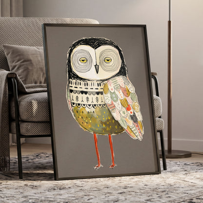 Patchwork Night Owl, gray, black, beige nature wall art displayed in a styled interior, gallery view 9